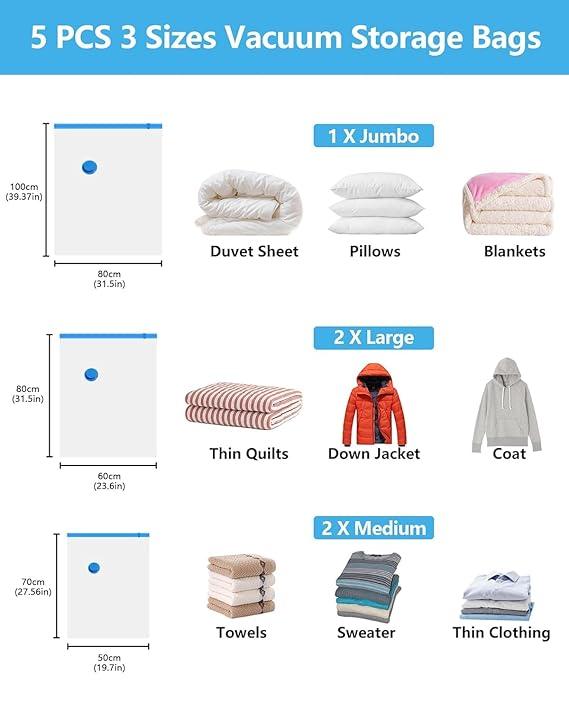 Space Saver (Set of 5) Reusable Vacuum Storage Ziplock - Romj
