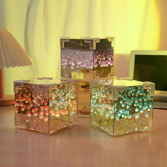DIY Tulip Cube Mirror Lamp - 20 LED Flowers, Multicolor Decorative Light - Romj